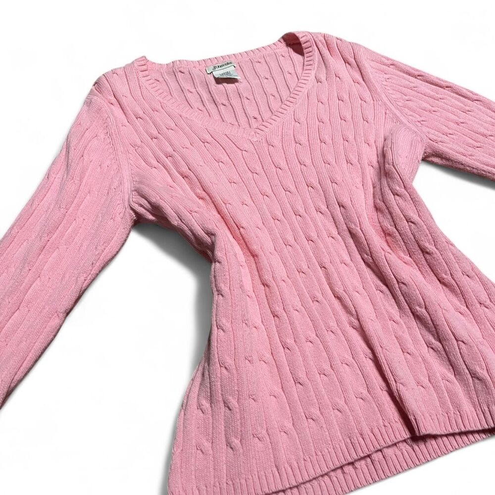 Vintage St. Johns Bay bubblegum Pink cable knit sweater with V-neck